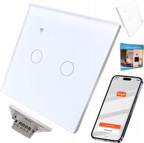 Érintőkapcsoló Fehér Üveg Kétcsatornás Két Gombos Smart Tuya