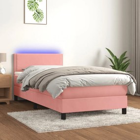 rózsaszín bársony rugós és LED-es ágy matraccal 90x200 cm
