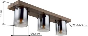 Globo 15915-3 Mennyezeti lámpa, MDF sötét fa megjelenésű, füstszínű üveg, átlátszó színátmenettel, HxSzxM: 710x160x180mm, 3x E27 40W 230V izzók nélkül
