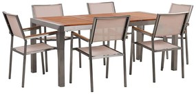 Hatszemélyes étkezőasztal eukaliptusz asztallappal és bézs textilén székekkel GROSSETO Beliani