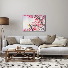Kép - Madár egy fán, piros virágokkal (70x50 cm)