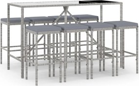 vidaXL 9 részes szürke polyrattan kerti bárszett párnával