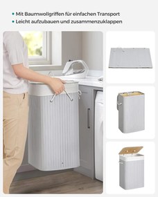 Szennyestartó fedéllel, 72 l, bambusz szennyeskosár, szürke