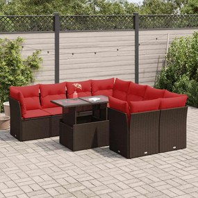 9 részes barna polyrattan akácfa kerti ülőgarnitúra párnákkal