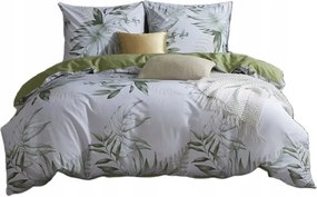 Pamut-szatén ágyneműhuzat 220x200 fehér zöld j.bézs gallyas levelekkel