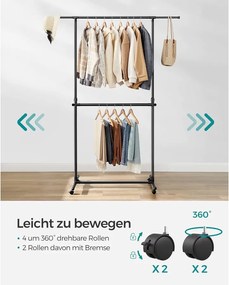 Dupla Ruhafogas, Állítható Felső Rúddal, Görgős, 113-180 cm, Fekete