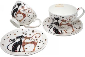 Cicás porcelán csésze aljjal 2 személyes 250 ml fekete-barna virágos macskák