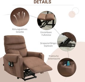 HOMCOM Masszázsfotel, elektromos relaxfotel emelőrásegítéssel, távirányítóval és oldalsó zsebbel, szövet, barna