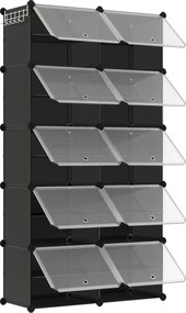 Összekapcsolható cipőtartó, 10 rekeszes műanyag cipőszekrény, fekete