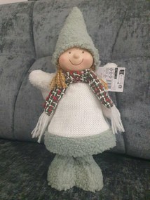 Fehér/zöld dekorációs angyalka porcelán arccal