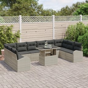 11 Darabos Kerti Sofaszett Párnákkal Világosszürke Poli Rattan, 2 Személyes Kerti Kanapé Tárolóval és Párnákkal Világosszürke Poli Rattan
