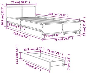 sonoma tölgy színű szerelt fa ágykeret fiókokkal 75x 190 cm