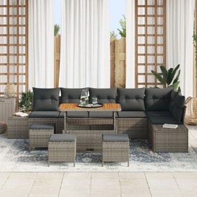 9 darabos kerti sofa szett párnákkal szürke poli rattan akáciával, 2 fős kerti sofa párnákkal szürke poli rattan, 3 darabos kerti étkező szett párnákkal szürke poli rattan akáciával