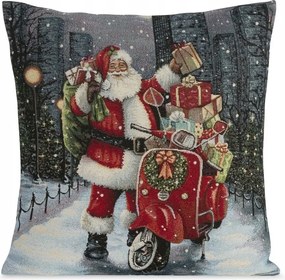 Karácsonyi párnahuzat 45x45 Mikulás robogó szürke piros gobelin 6128