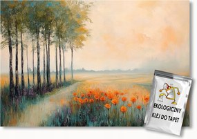 Fotótapéta Flizelina Tájkép Falu Ösvény Virágok Pipacsok Fák 200x140 ragasztó