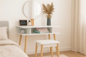 Fehér retro fésülködőasztal kerek tükörrel és ülőkével 75 x 45 x 129,5 cm