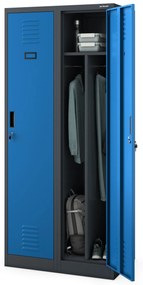 Pléh öltözőszekrény talpazaton, kétmodulos, polccal és köztes fallal KACPER, 800 x 1800 x 500 mm, antracit-kék