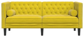 2 személyes sárga bársony Chesterfield kanapé hengerpárnákkal