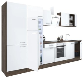 Yorki 330 konyhablokk yorki tölgy korpusz,selyemfényű fehér front alsó sütős elemmel polcos szekrénnyel és felülfagyasztós hűtős szekrénnyel