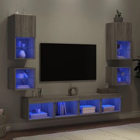 8 darab szürke sonoma színű szerelt fa fali TV-bútor LED-del