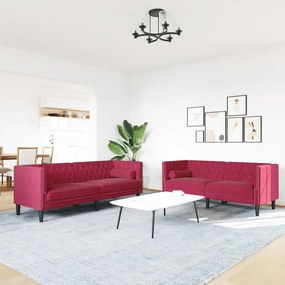 2 részes bordó bársony Chesterfield kanapészett hengerpárnákkal