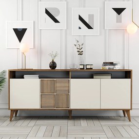 Krémszínű-natúr színű alacsony komód diófa dekorral 180x79 cm Milan – Kalune Design