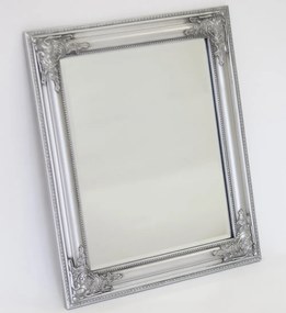 Szögletes élcsiszolt fali tükör díszes ezüst blondel fa keretben 62x52x3,5cm