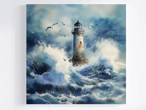 Vászonkép Canvas Világítótorony Tenger Víz Hullámok Vihar Sirályok 80x80