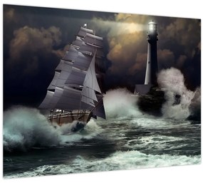 Kép - Viharos hullámokon áthajózó hajó (üvegen) (70x50 cm)
