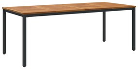 9 Részes Kerti Étkezőszett Fekete Poli Rattan Akácia, Egymásra Rakható Kerti Székek Párnákkal 2 db Fekete Poli Rattan, Kerti Asztal 200x90x75 cm Tömör Akácia Fa és Fém
