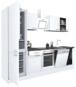 Yorki 280 konyhabútor fehér korpusz,selyemfényű fehér front alsó sütős elemmel alulfagyasztós hűtős szekrénnyel