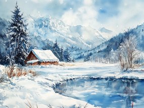 Vászonkép Canvas Tájkép Hegyek Tó Ház Tél Hó 80x60