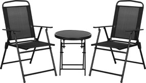 Outsunny 3 darabos Kerti Bistro Szett 2 Összecsukható Székkel Karfával + Kerek Üveg Felső Összecsukható Kávézó Asztal Magas Sűrűségű Hálós Szövet Fém