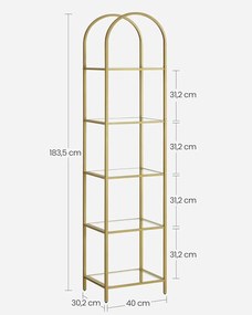 Könyvespolc, 5 szintes íves üveg tároló polc, arany színű