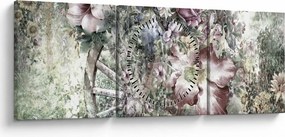 Virágok képe egy fából készült kerékpáron (órával) (90x30 cm)