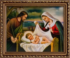 Vászonkép 24x29 Szent Család Jézus Krisztus József Mária Arany Díszített Keret