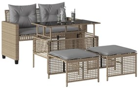 4 részes bézs polyrattan üveg kerti ülőgarnitúra párnákkal