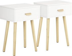 HOMCOM 2 darab Éjjeli Szekrény Szett Fiókkal és Fa Lábakkal Hálószobába, Nappaliba, Irodába - Modern Stílus 40,5x30,5x60 cm Fehér | Aosom