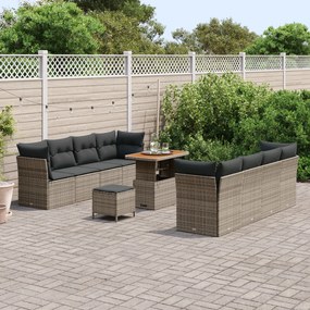 11 részes kerti kanapé készlet párnákkal szürke poli rattan akáciával, 3 részes kerti étkező készlet párnákkal szürke poli rattan akáciával
