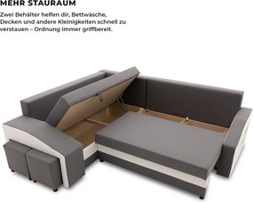 Grande sarokkanapé polcokkal és puffokkal , polc a jobb karfaban puffok a bal karfaban, baloldali, szövet anyag, hab töltet, szürke - fehér