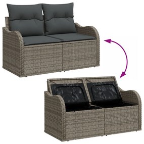 6 részes kerti kanapé szett párnákkal, szürke, poli rattan, akác, 2 személyes kerti kanapé tárolóval és párnákkal, szürke, poli rattan
