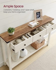 Keskeny konzolasztal 3 fiókkal és nyitott polccal, vidéki stílusban