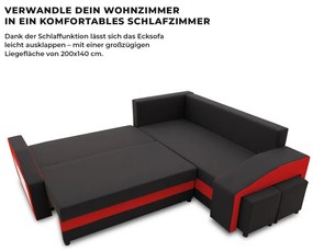 Grande sarokkanapé polcokkal és puffokkal , polc a bal karfaban puffok a jobb karfaban, jobboldali, szövet anyag, hab töltet, fekete - piros