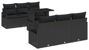 7 Darabos Kerti Kanapé Szett Párnákkal Fekete Polyrattan, 2 Fős Kerti Kanapé Tárolóval és Párnákkal Fekete Polyrattan