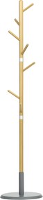 HOMCOM Bambusz Kabát Akasztó Önálló Kabátfa 8 Akasztóval Ruhák Táskák Függesztésére Fával Formázott Kabát Akasztó Ø37,8x175,6 cm Természetes és Szürke