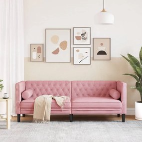 3 személyes rózsaszín bársony Chesterfield kanapé párnákkal