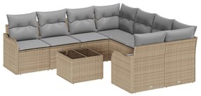 9 darabos kertibútor szett párnákkal bézs poli rattan, 2 fős kerti kanapé párnákkal bézs poli rattan