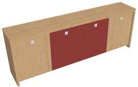 Verno alacsony szekrény 248 x 46 x 90 cm, kombinált ajtó, világos tölgy / piros