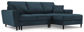 Sötétkék kordbársony kinyitható tárolóhelyes sarokkanapé (jobb oldali-heverő résszel) Kyoto – Cosmopolitan Design
