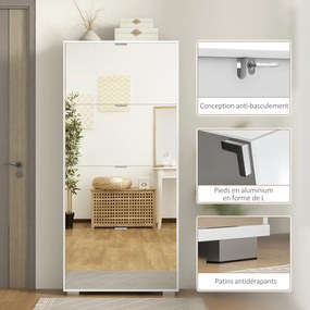 HOMCOM 2 az 1-ben Cipőszekrény Tükörfronttal, 4 Kihajtható Ajtóval, Állítható Polcokkal, Helytakarékos, 76L x 26W x 168H cm Fehér | Aosom